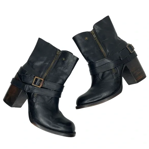 Free Bird by Steven Black Leather Bama Ankle Bootie Heels Boots Buckle Zippers 8 - Picture 12 of 12